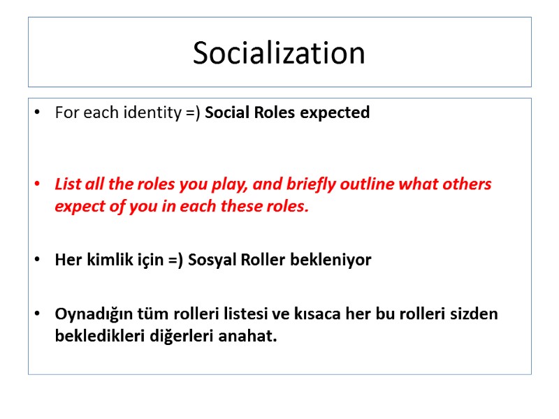 Socialization For each identity =) Social Roles expected  List all the roles you